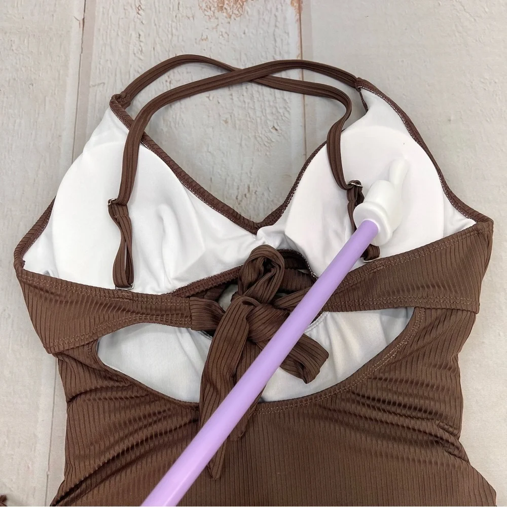 NWOT Ribbed One Piece Swimsuit Tummy Control High‎ Cut Bathing Suit Sexy V Neck